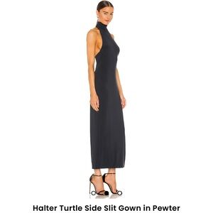 Norma Kamali Halter Turtle Side Slit Gown in Pewter